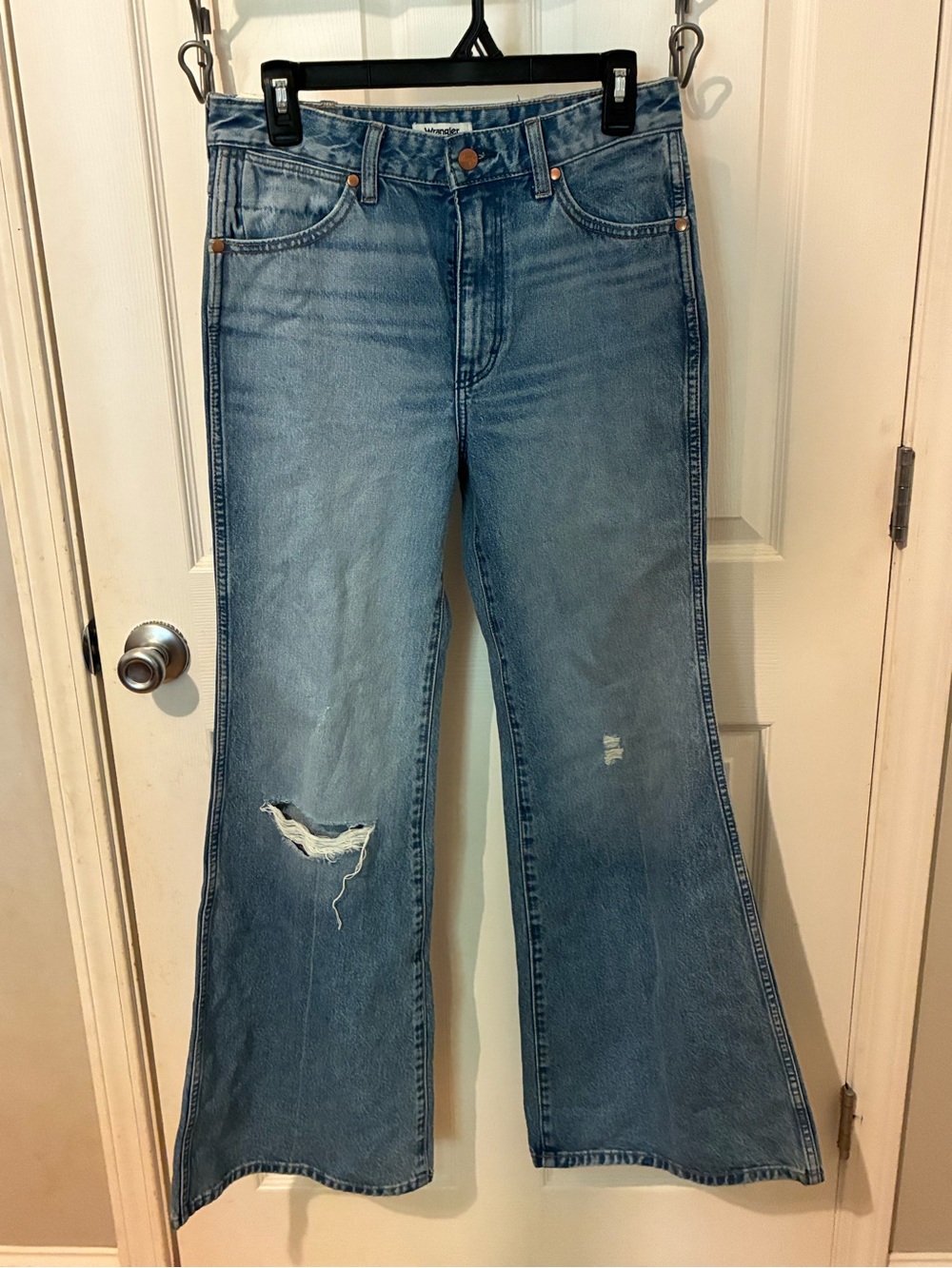Wrangler Light Blue Flare Jeans with Distressed Knee